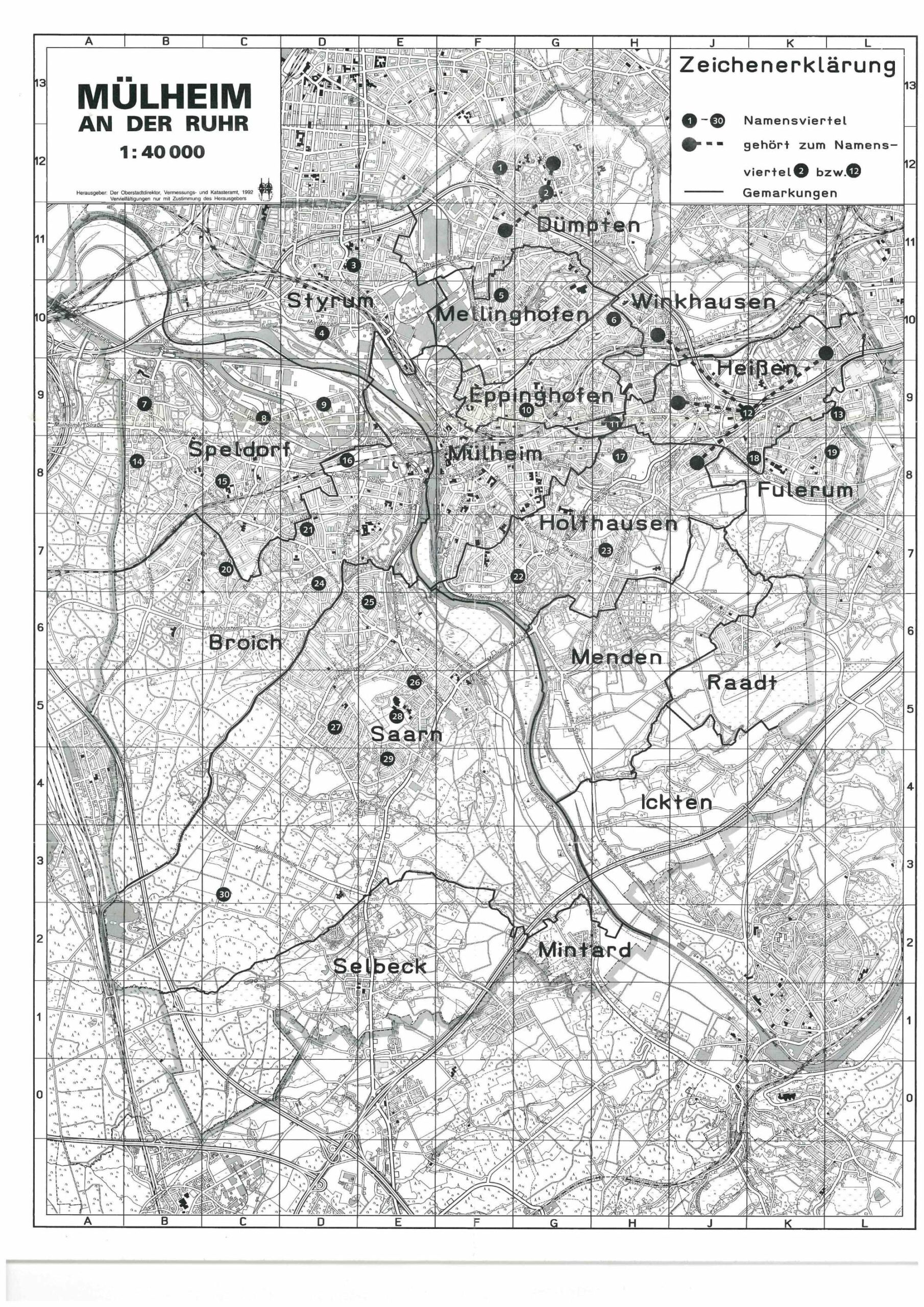 Stadtkarte Mülheim an der Ruhr – Amt 62, Herausgeber: Der Oberstadtdirektor, Vermessungs- und Katasteramt, 1992