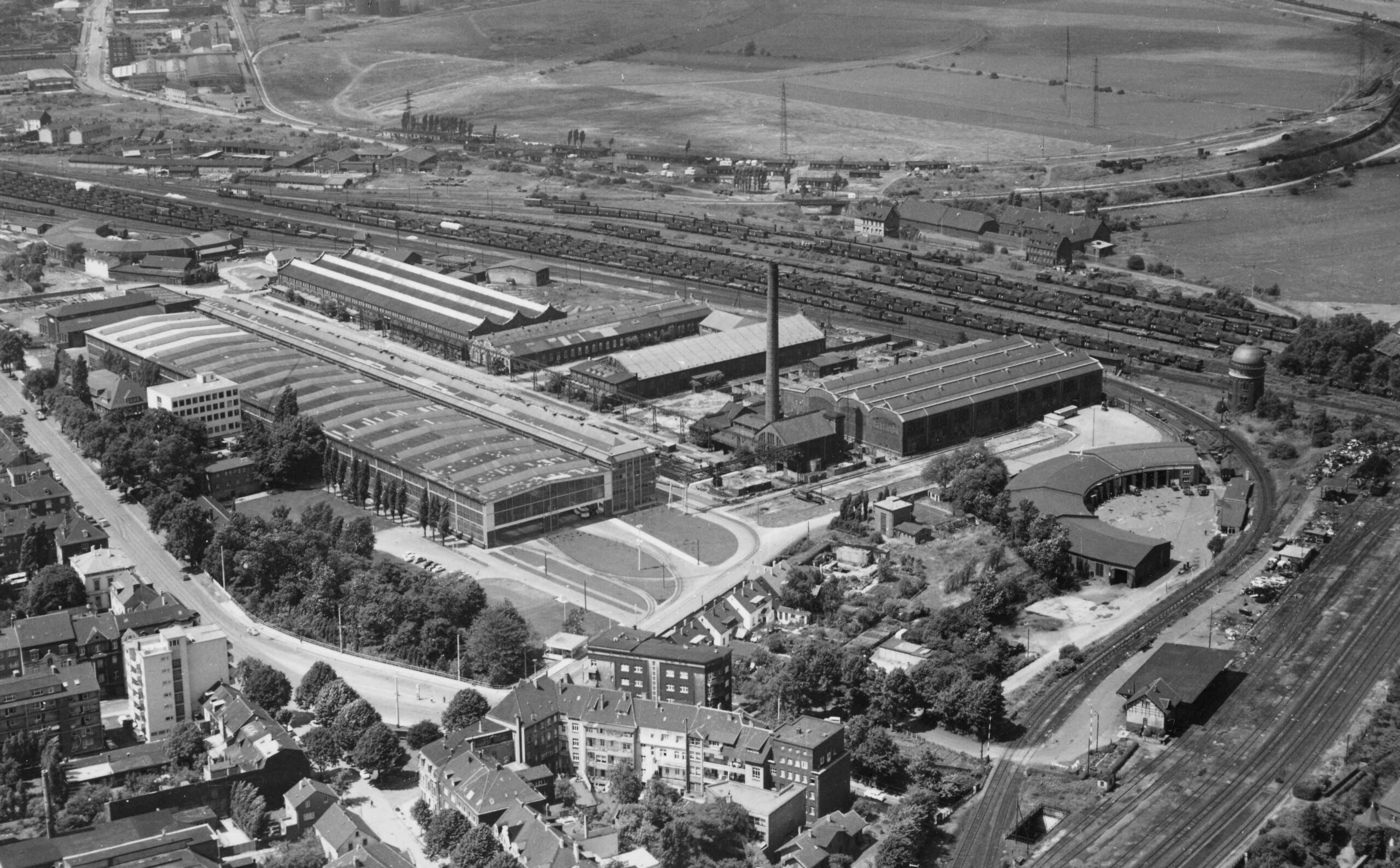Bahnanlagen des Eisenbahnausbesserungswerks in Speldorf um 1960 (Quelle: Martin Menke / Eisenbahnfreunde Mülheim)